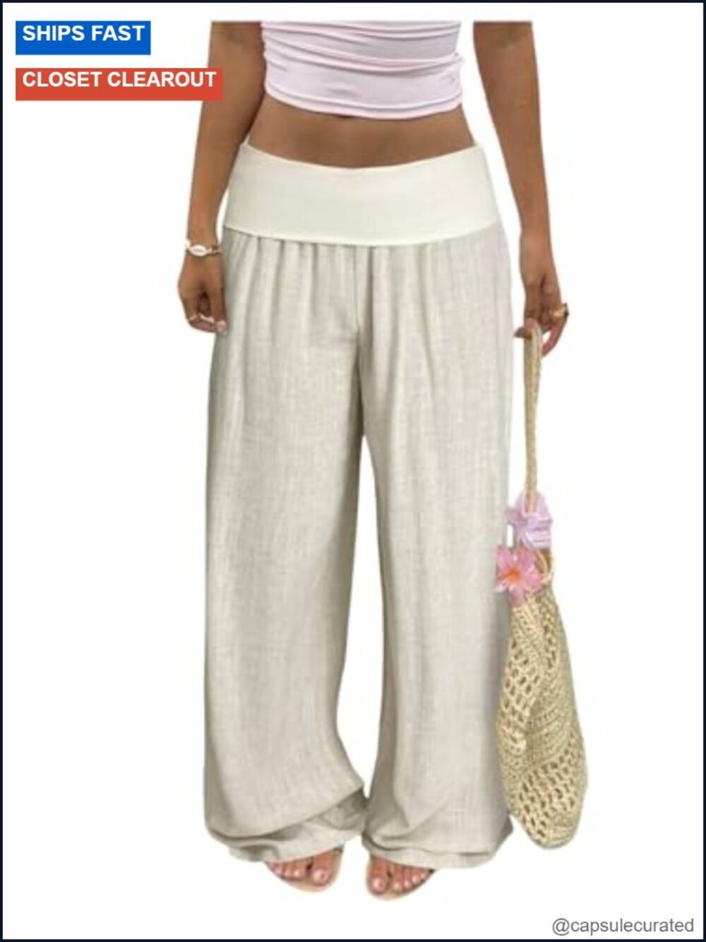 Wide Leg Linen Lounge Pants Fold Over Low Rise Elastic Waist Casual Trousers